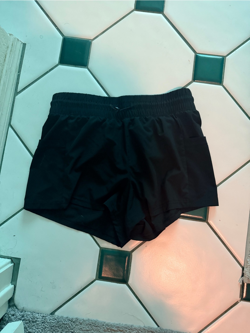 Women's Black Athletic Shorts with Elastic Waistband and Side Pockets